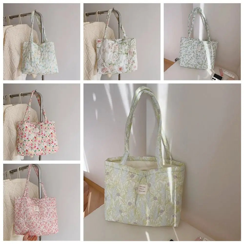 All-Match Polyester Flower Cotton Tote Bag Canvas Thickened Sweet Floral Handbag Portable Zipper Cloth Shoulder Bag School