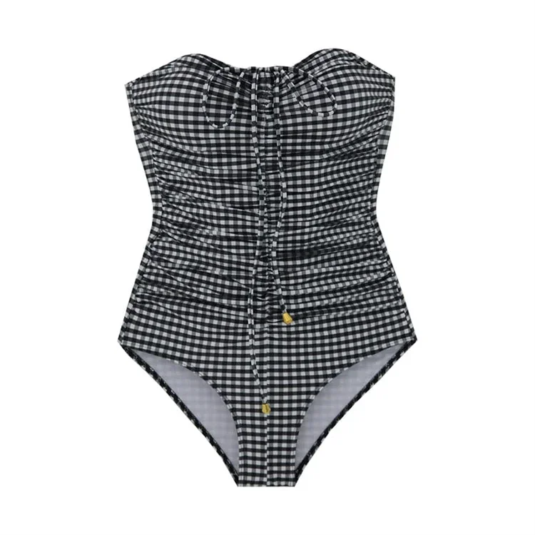 Traje de baño Bandeau Sexy de una pieza para mujer, traje de baño de estilo coreano, Monokini a cuadros rosa, espalda abierta, traje de baño Bandage con espalda descubierta y realce