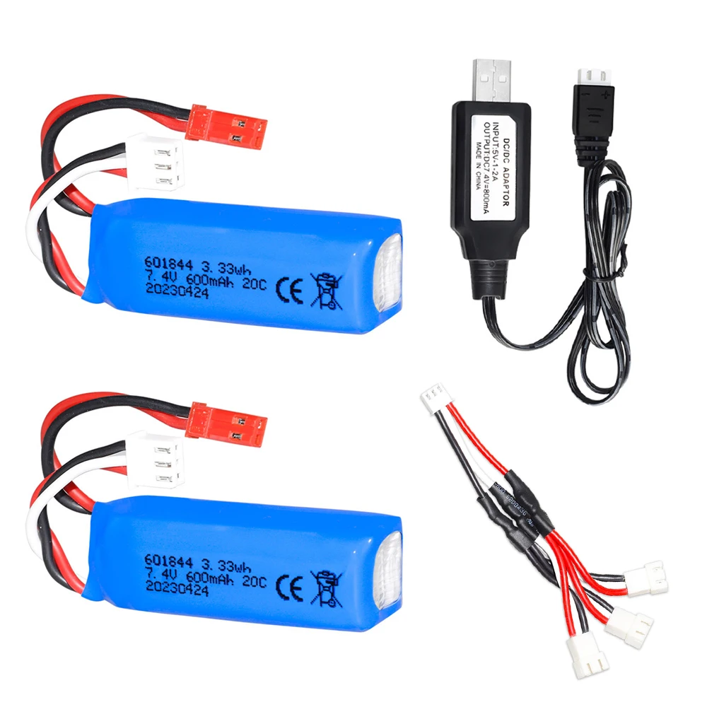 7.4V 600mAh Lipo Batterij en USB Lader voor WLtoys K969 K979 K989 K999 P929 P939 RC Auto speelgoed accessoires 2S 7.4v 601844   Batterij
