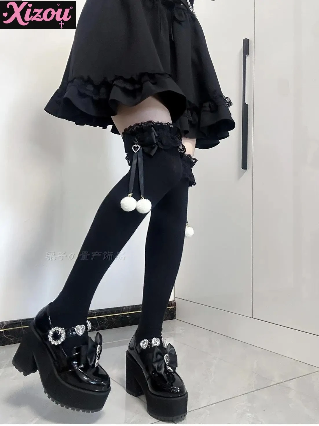 JK Girl Socks Japanese Mine Series Mass-produced Long Tube Hairball Bow Thigh High Socks Lolita Knee High Socks Lace Stockings