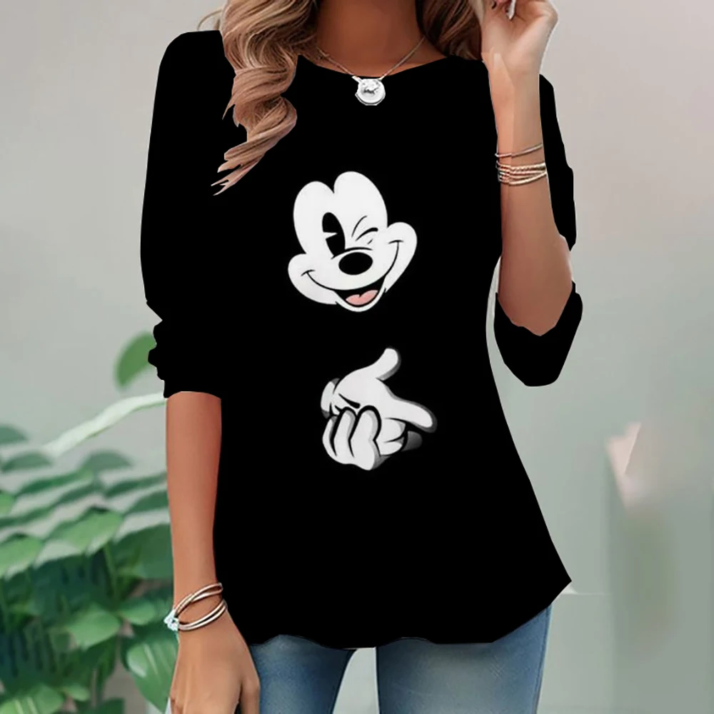 Women's Disney Mickey Mouse print T-shirt Funny pattern long sleeve T-shirt Loose cotton pullover Visual deviation long sleeve