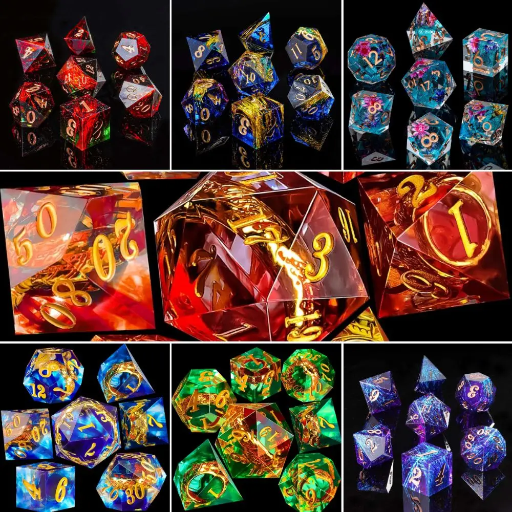 

7PCS Creative Resin Fluid Dice Set D4 D6 D8 D10 D12 D20 Blue Green Purple Liquid Dices Polyhedral Sharp Corner Dice For D&d DND