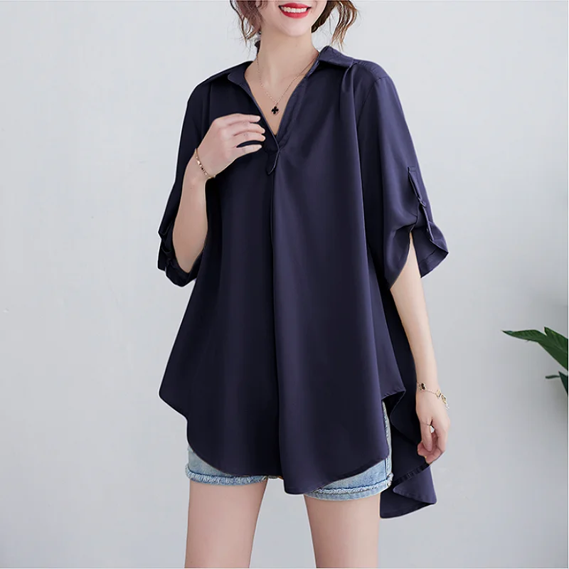 

Women Blouses Summer Navy Blue Shirt Elegant V Neck Roll Up Sleeve Chiffon Tops Casual Loose Female Outwear