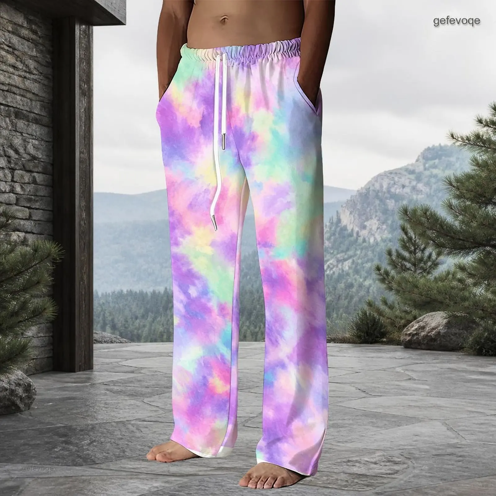 Men Pastel Tie Dye Printed Full Length Straight Leg Pants Drawstring Waist Trousers with Side Pockets