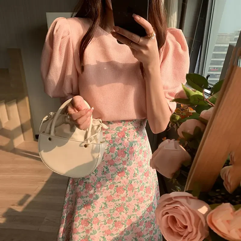 2024 Pink Suit Skirt Summer New Super Fairy Fresh Fashion Tops Crushed Chiffon Half Body Skirt Two-piece Y2K Korean Fashion