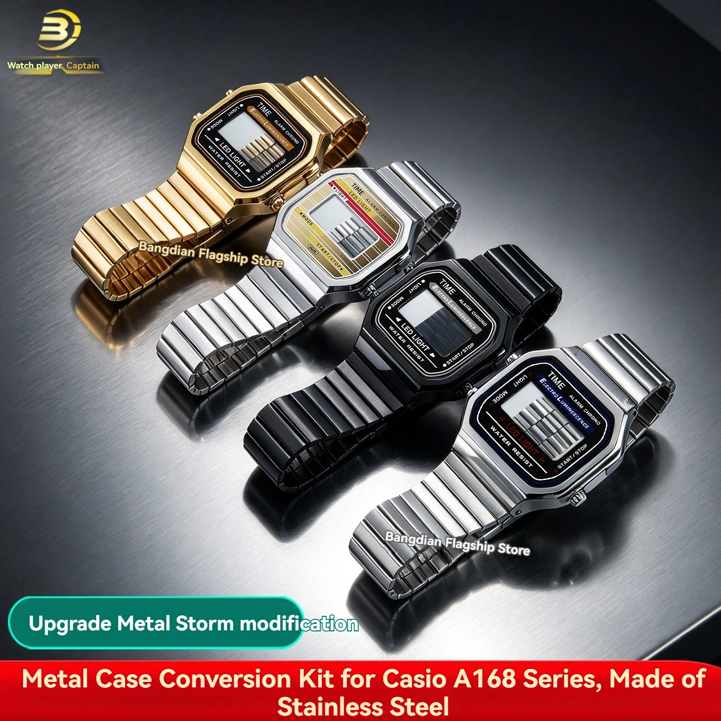 A168 Improved Metal Case For Casio A-168 Stainless Steel 304L bezel Silver/Gold/Black A168 module screws HD Mineral Glass parts