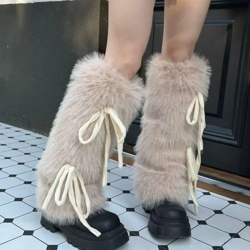 Harajuku Style Faux Fur Furry Leg Warmers Bowknot Design 35cm Long Tube Sock Soft Solid Color Knee High Girls Socks Cosplay Use