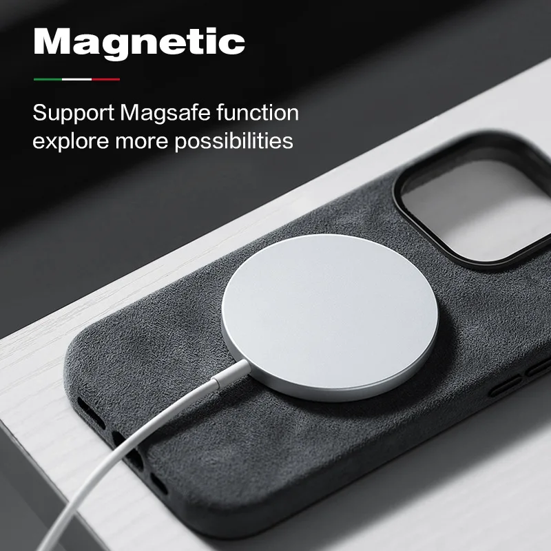 

Suede Italy Case Magnetic For iPhone 14 Pro Max Magsafe Wireless Charging Genuine Leather Phone Back Magnet Cover 14 plus.