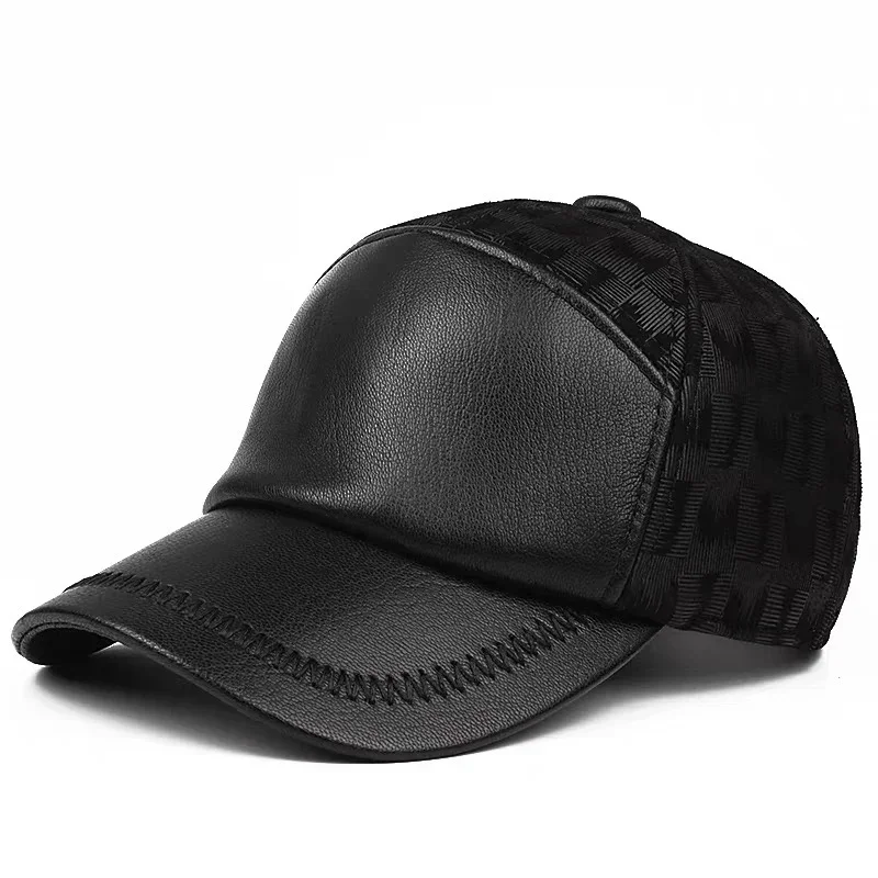 New 2025 Novel Baseball Cap Men Genuine Leather Sheepskin Hats Male Casual Punch Hockey Golf Leather Printed