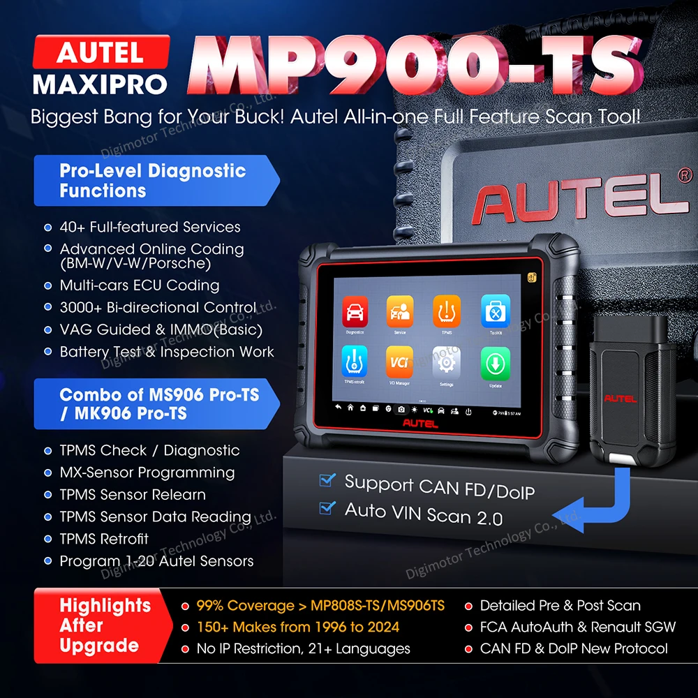 Autel MaxiPRO MP900TS TPMS Diagnostic Scanner OBD2 Code Reader Bi-directional Scan Tool ECU Coding CAN FD/DoIP PK MP808TS MP900