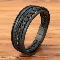 XQNI Multi-layer Braid Woven Leather Mens Bracelet Stainless Steel Magnetic Clasp Punk Design Bangles Jewelry Gift Wholesale
