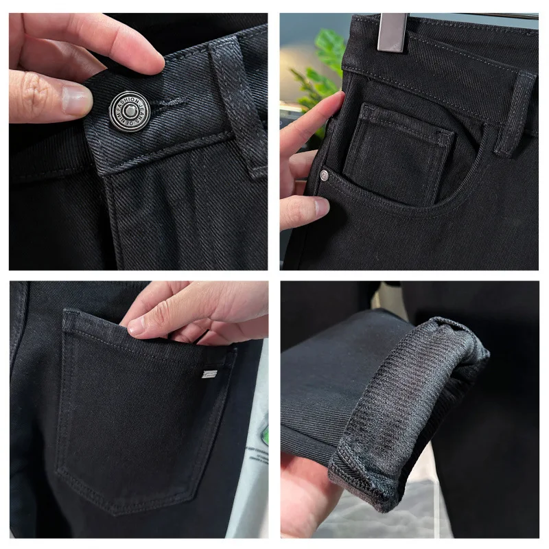 Jeans da uomo ispessiti in velluto nell'inverno 2025, nuovi vestiti da uomo caldi e spessi con piedi piccoli, pantaloni lunghi neri slim fit