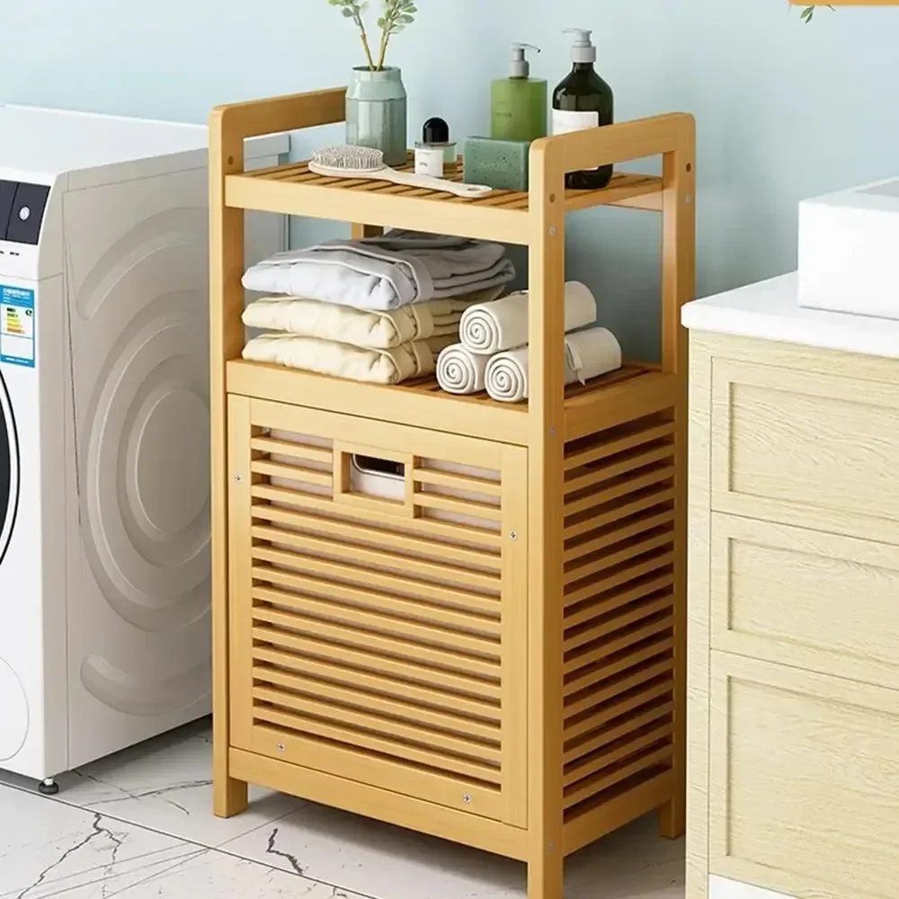 Laundry Hamper with Shelf 3/4 Tier Wooden Storage Hamper Multi-function With Tilt Out Basket Bathroom Rack Bamboo Laundry Basket