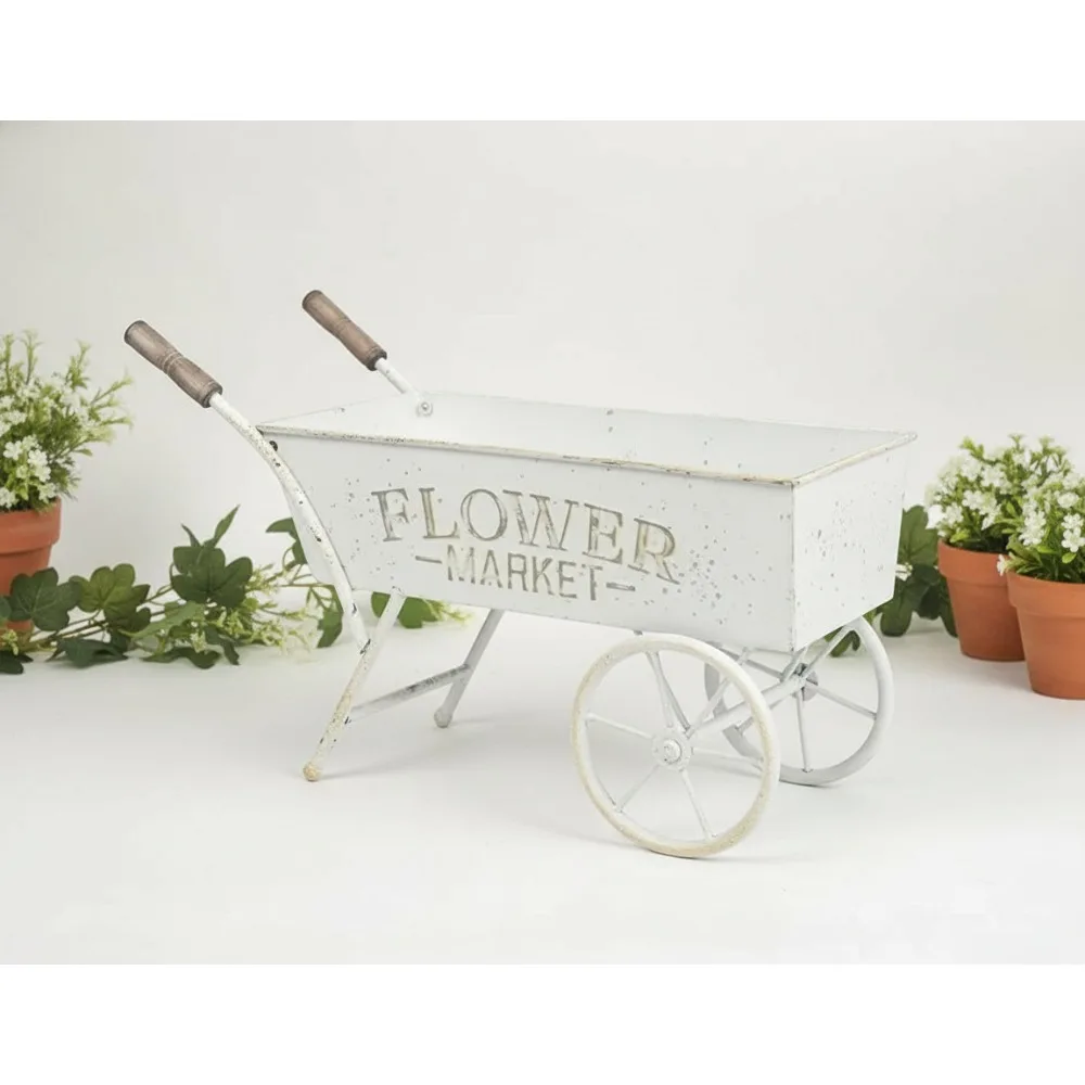

15 Inch Vintage Farmhouse Flower Cart with Wooden Handles Metal Wagon Planter for Outdoor Garden Patio Balcony Decor