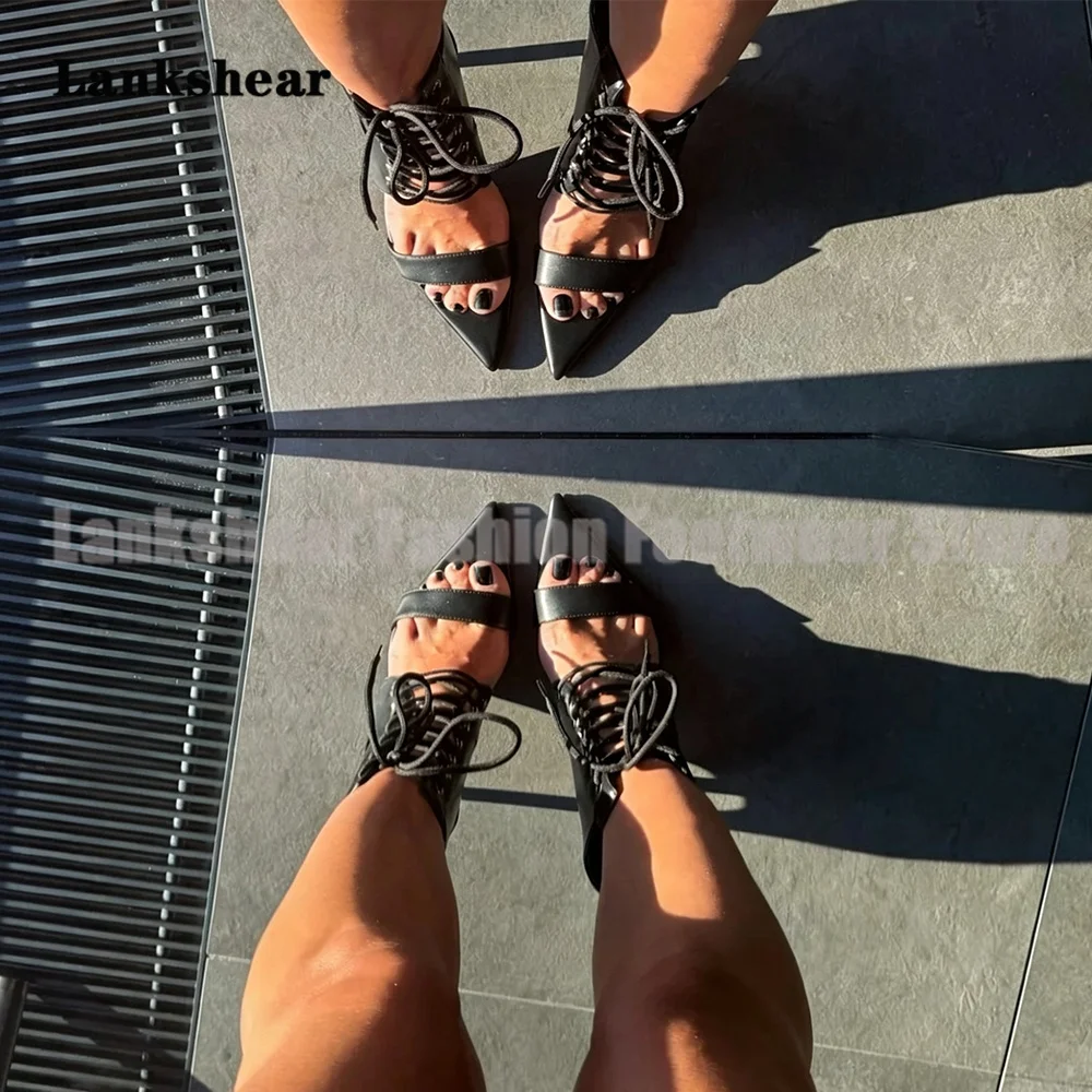 Black Leather Lace-Up Pointed Toe Heels Modern Strappy Stiletto Sandals Chic Evening Party Shoes Sandalias De Mujer Verano