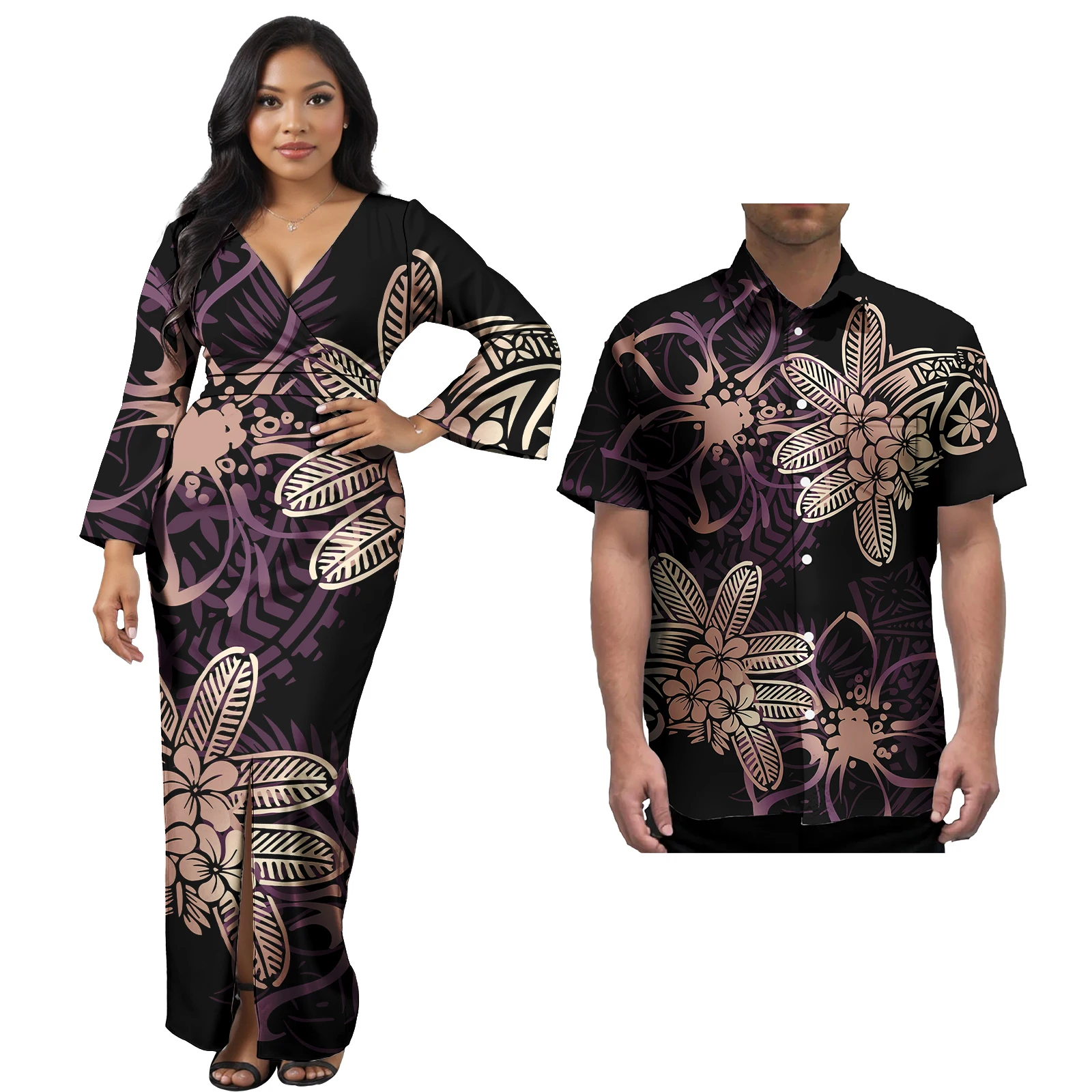 Coppia Hawaii Set Polinesiano Tribale Stampa Floreale Donna Slim Abito Sexy Partita Camicie da Uomo Abiti da Sera Festa
