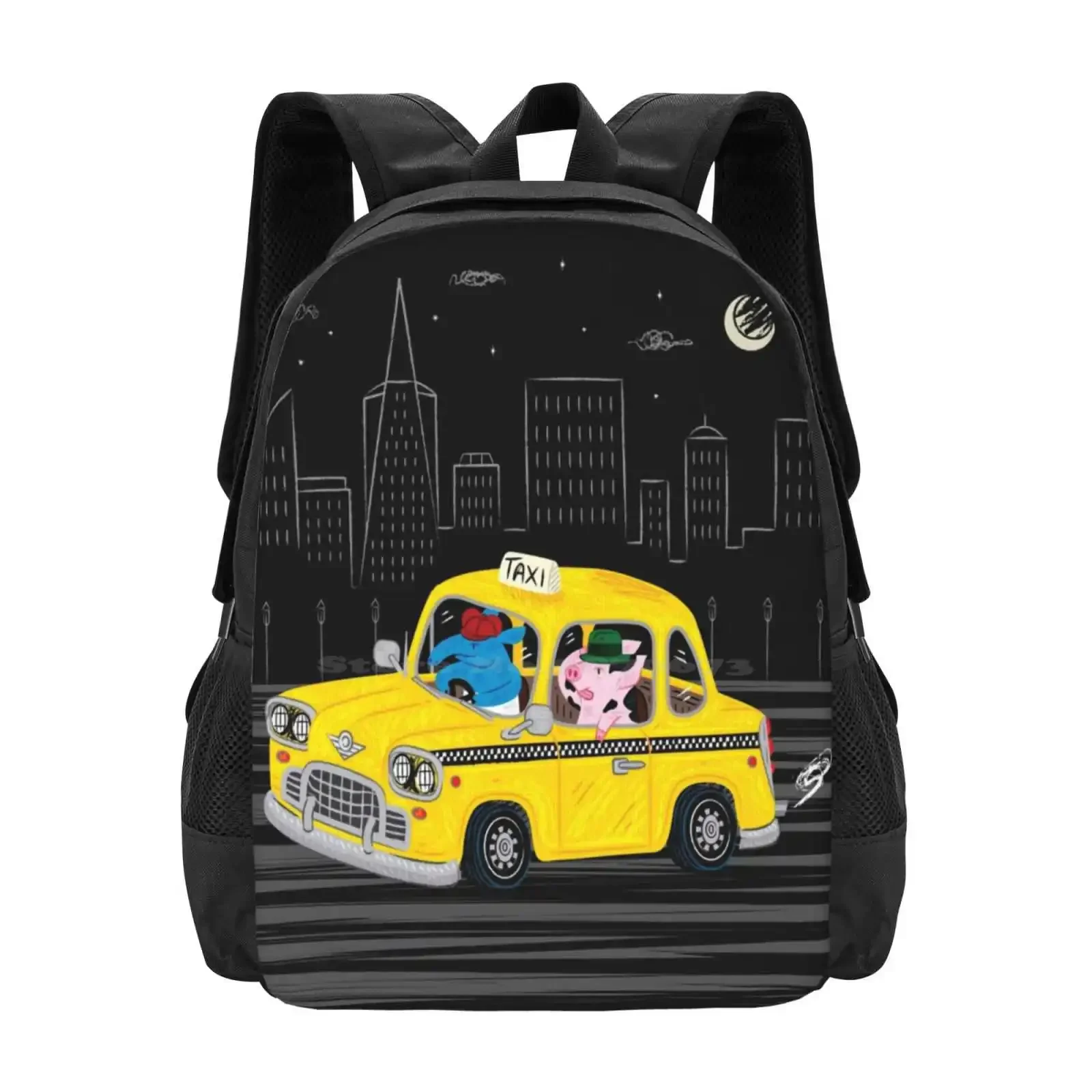 

Taxi Ride Hot Sale Schoolbag Backpack Fashion Bags Taxis Driving Animals Cute Cityscape Night Moon Stars Characters Storybook