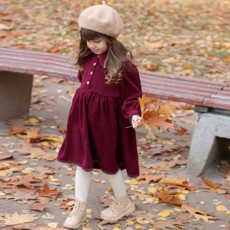 Retro England Lace-Trim Peter Pan Collar Corduroy Dress For Girls 2025 Autumn Winter New Long-Sleeve Fleece-Lined Warm Dresses