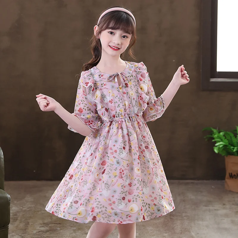 Girls' dress 2022 summer new Korean version exotic flower princess dress little girls' chiffon dress children's dress