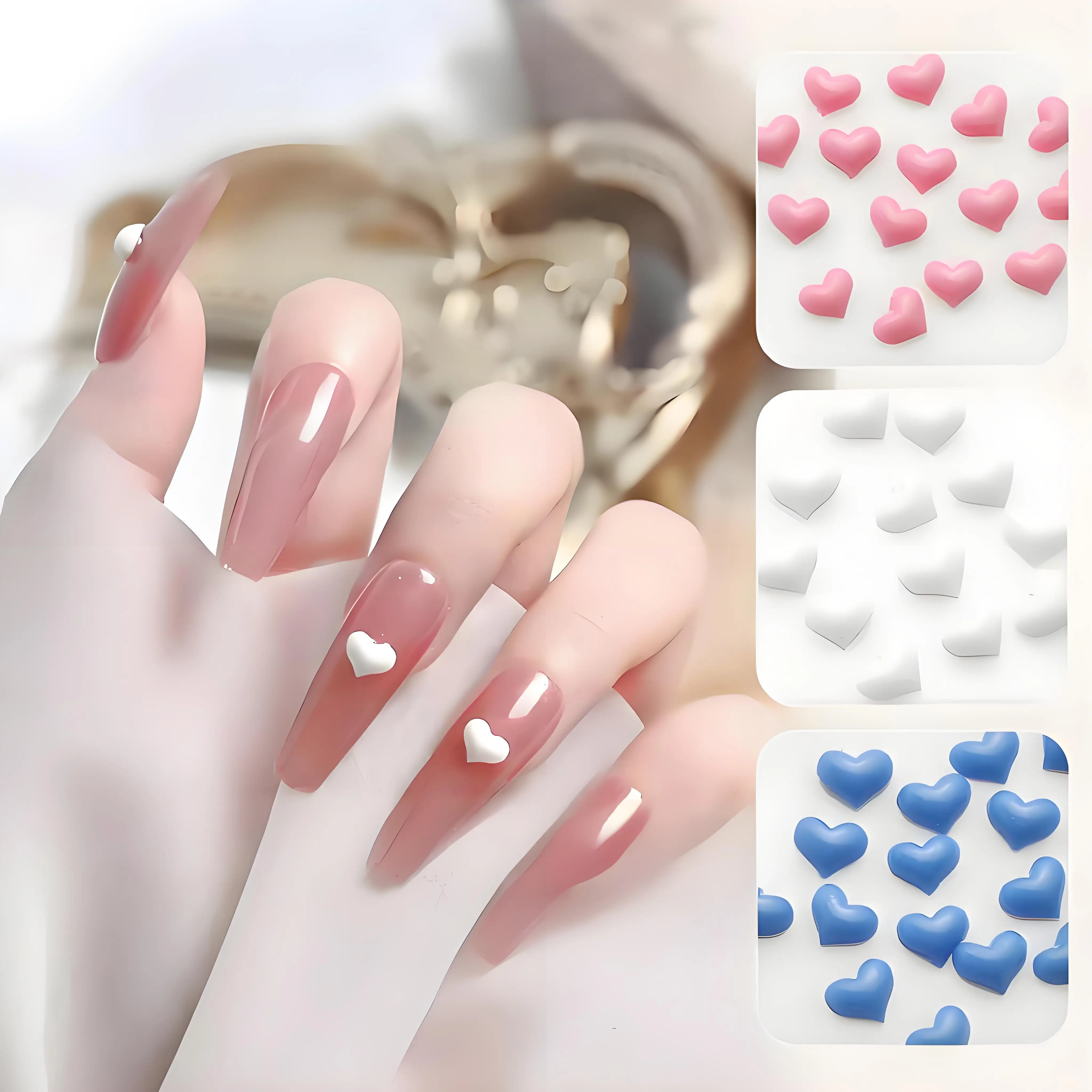 100Pcs/Bag Love Heart Nail Art Decorations White Pink 3D Nail Charms Resin Flatback Rhinestone Gems For DIY Manicure Accessories