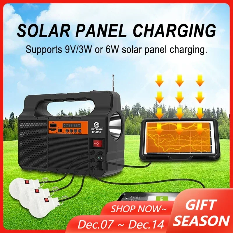 

Solar Outdoor Flashlight Lamp Portable Energy Storage Power Supply Small System with 3pcs LED Bulbs Speaker Radio for Camping