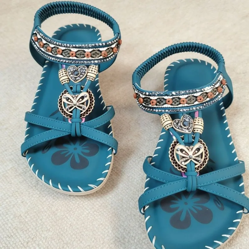 

Summer Bohemian Style Women's Sandals Open-toe Beaded Rhinestone Buckle Beach Women's Slippers Woman's Shoes Sandalias De Mujer