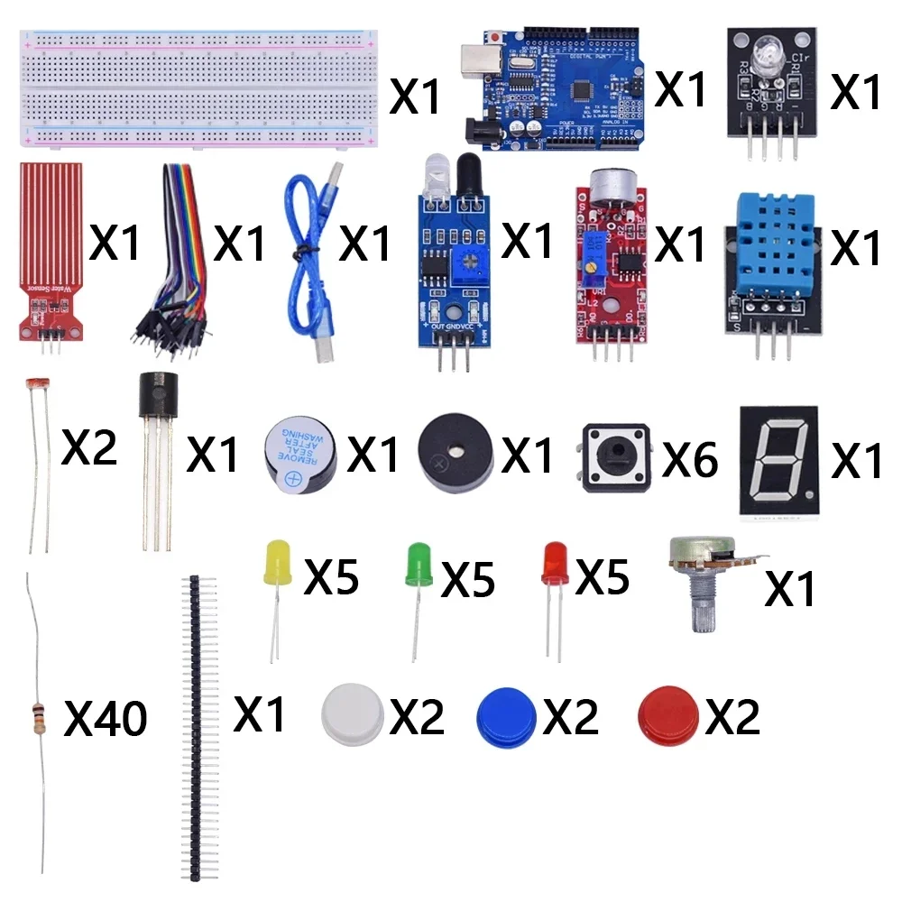 

Sound/ Water Level/ Humidity/ Distance Detection Starter Kit for Arduino Uno R3 Breadboard Basic Simple Learning Kit LED Control