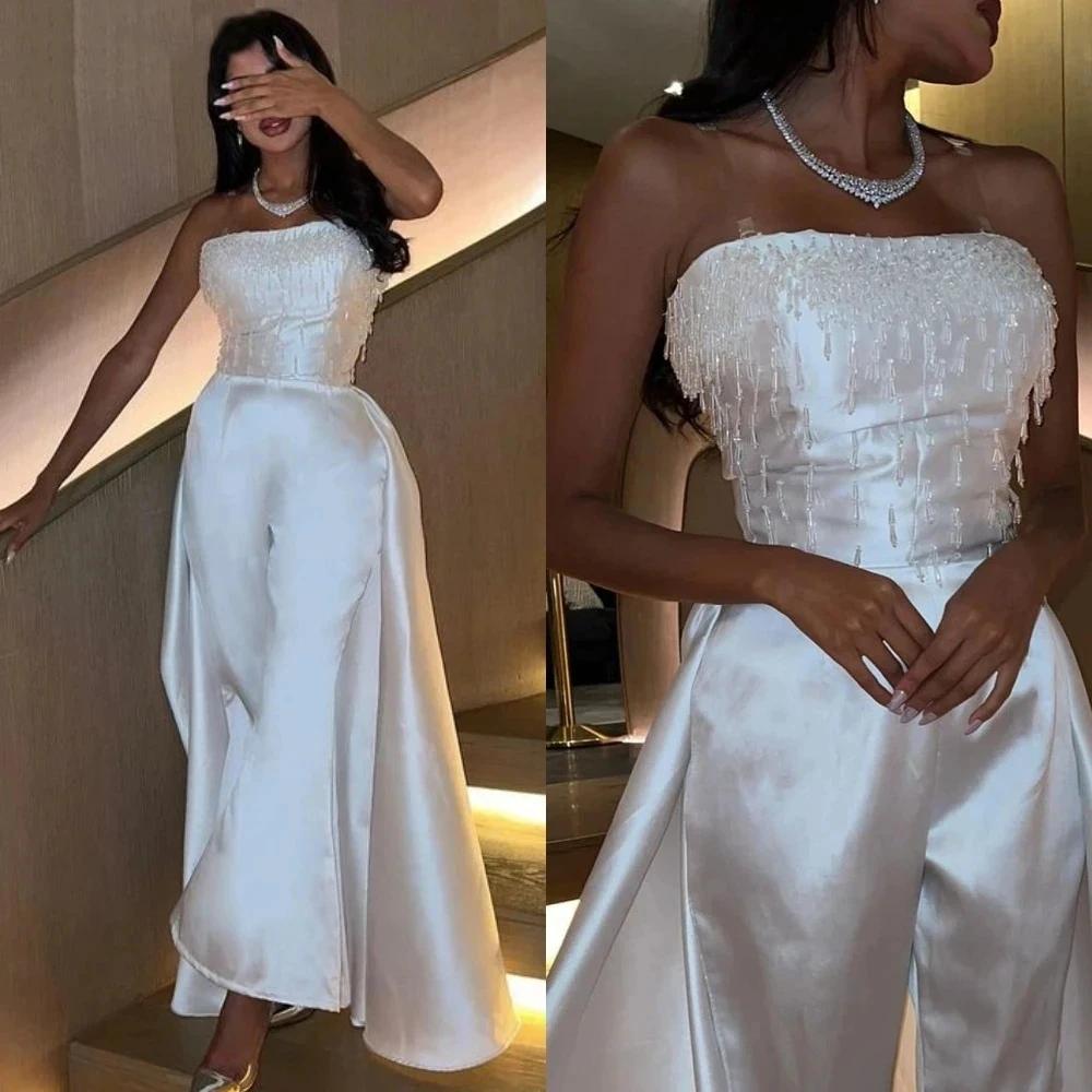 

Customized New White Elegant Strapless Party Gowns With Sweep Train A-line Beading Ankle Length Sleeveless Formal Evening Gowns