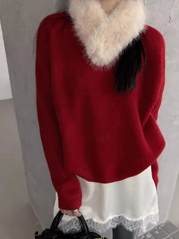 Korean Sle Soft Plu Rabbit Fur Red Sweater Women's Autumn Winter New Warmth Lazy Ne Warmer Top for Teen Girls