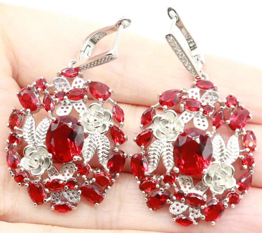 

Buy 4 Get 1 Free 50x29mm Stunning Big Size Red Blood Rubies London Blue Topaz White CZ For Girls Gift Silver Earrings