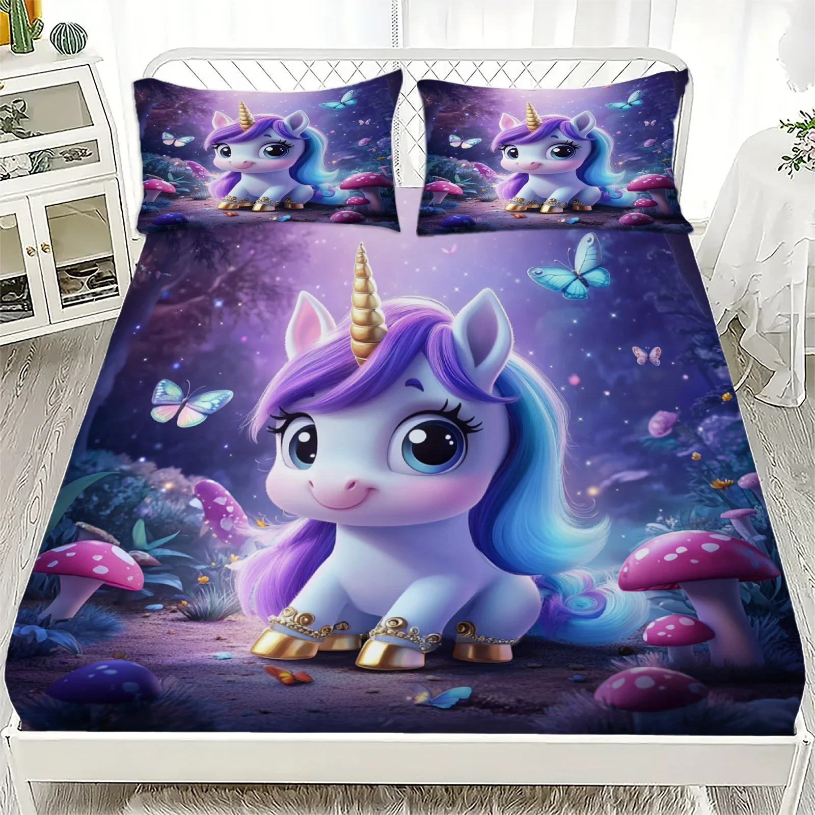 Unicorn Pattern 3D Fitted Sheets Set Cute Kids Bedding with 1/2 Pillowcases Customized Boys Girls Bedroom Decor