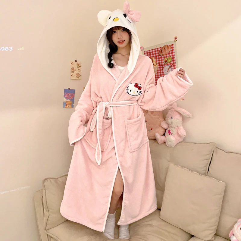 Anime Cinnamoroll Kuromi Vrouw Dikke Pyjama Halflange Nachtjapon Flens Pluche Badjas Absorberende Sneldrogende Homewear Yukata
