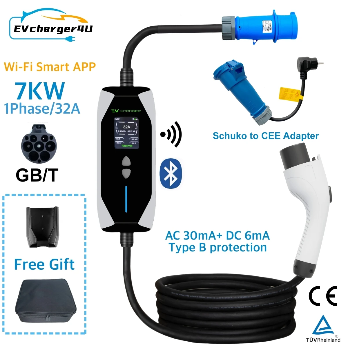 

EVcharger4U GBT Portable EV Charger Station 1Phase 32A 7KW For Chinese Made Electric Vehicles GB/T Charging Built with Wifi APP