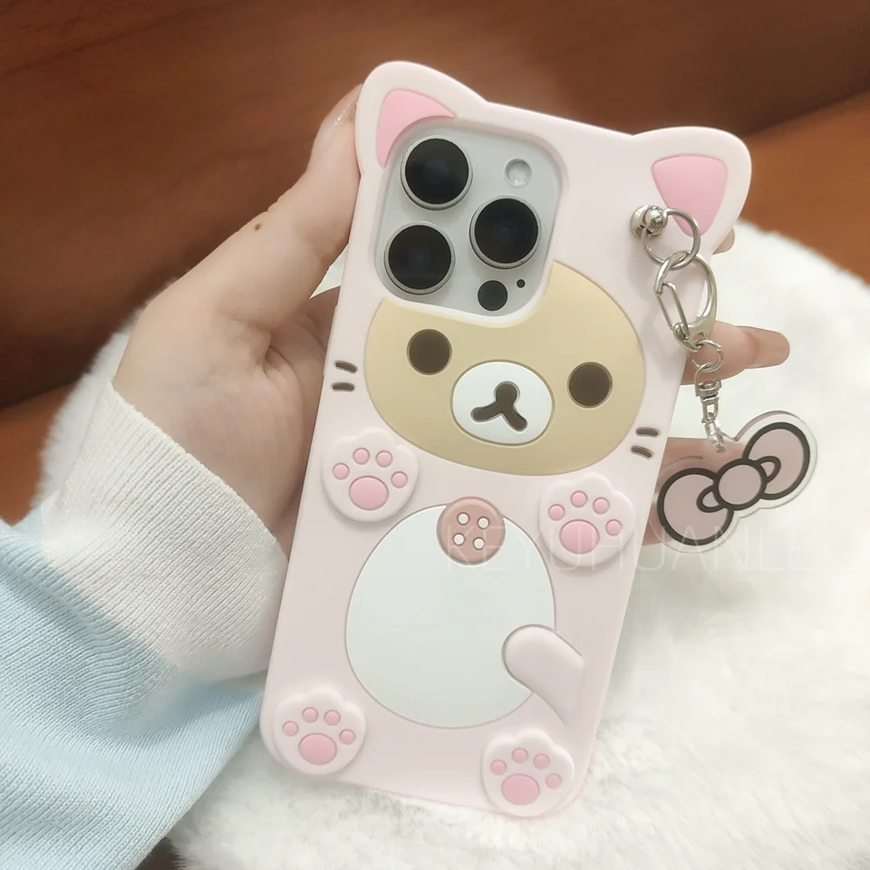 Funda linda con oso 3D de dibujos animados para iPhone 17 16 15 14 13 12 11 Pro X XS Max XR 6 7 8 Plus 5 5S SE, con llavero colgante 6