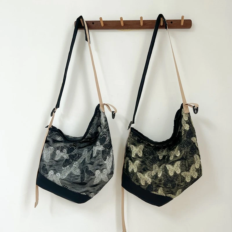 Bolso de lona con correa ancha para mujer, bandolera de diseñador de lujo, bolso de mano informal con estampado de mariposa