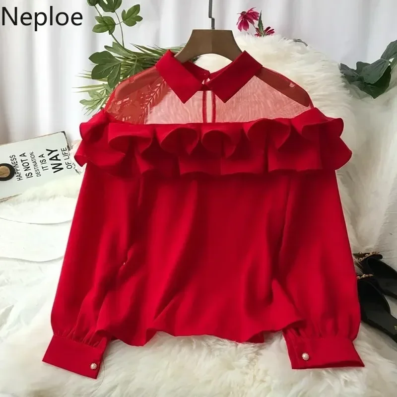 Neploe Ruffles Mesh Patchwork Women Shirts Solid Long Sleeve Office Lady Blouse Fashion Casual Transparent Blusa Tops Femme