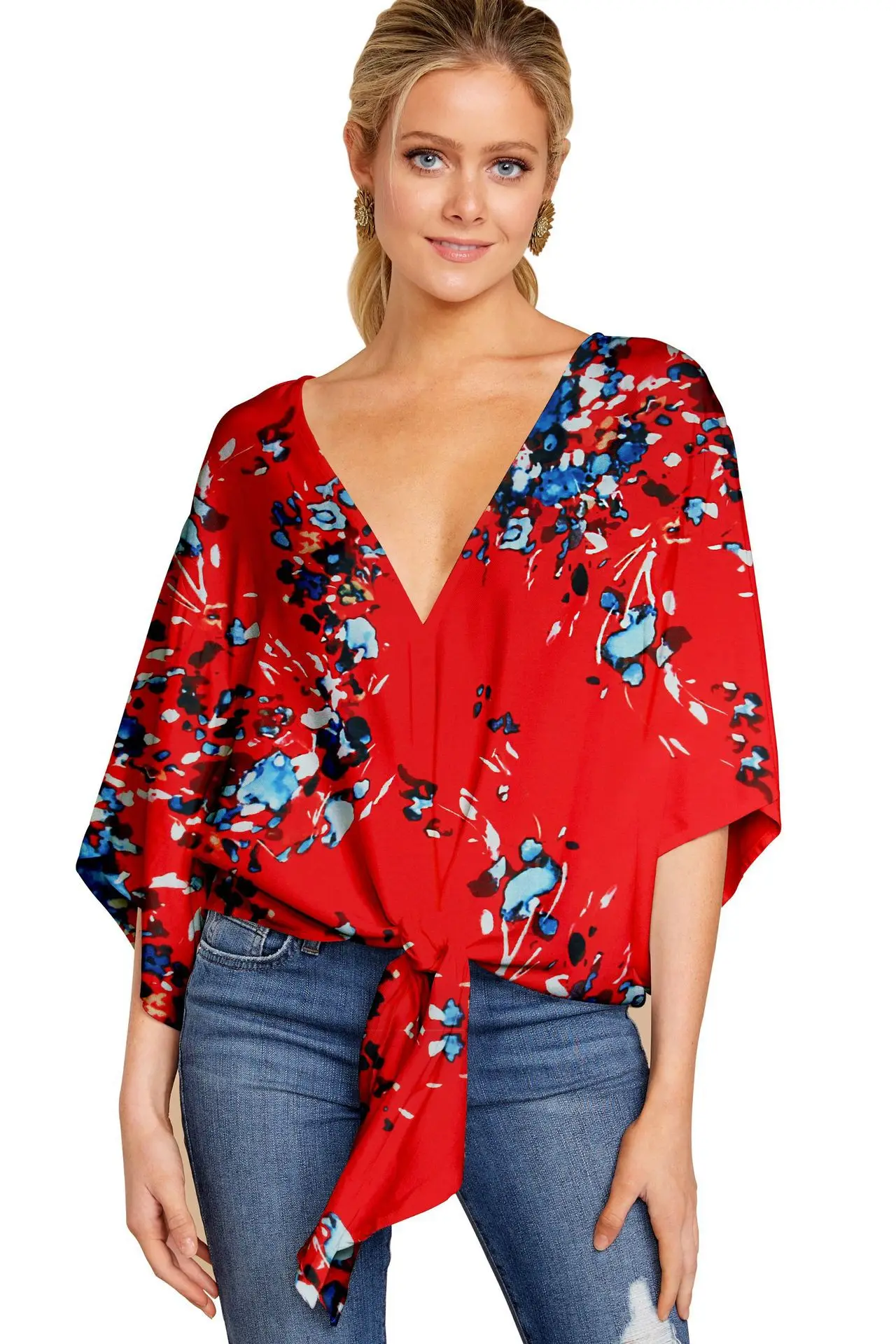 2024 Women's Casual Floral Blouse Batwing Sleeve Loose Fitting Shirts Boho Knot Front Tops