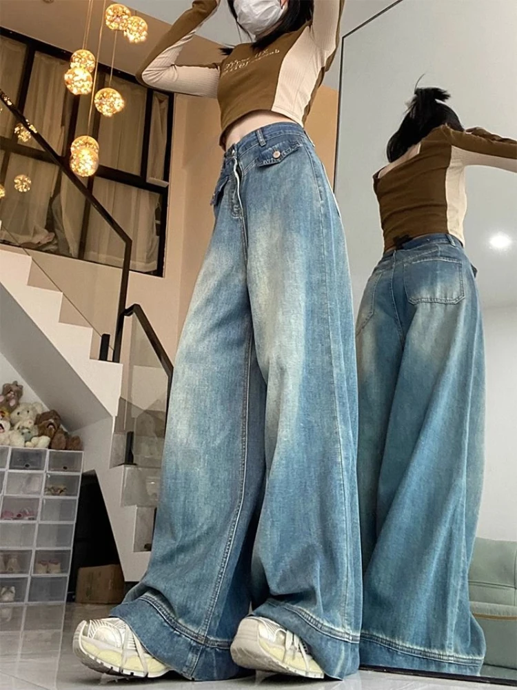 Retro Straight Leg Jeans for Women High Waist Slimming, Loose and Floor Hugging, Wide Leg Pants, Design Sense, Spring and Summer