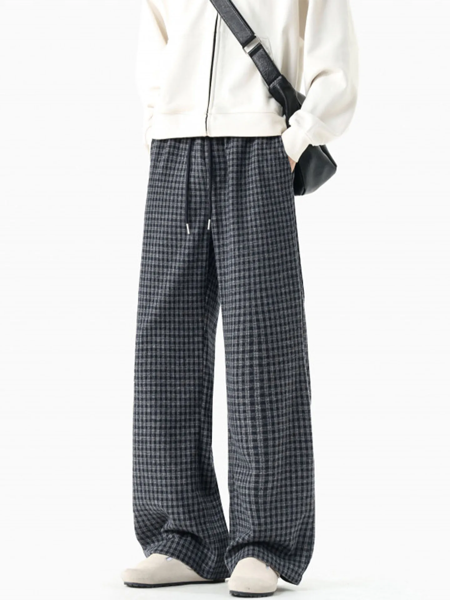 

Мужские повседневные брюки в клетку в американском стиле ретро, зимние свободные широкие брюки прямого кроя, модные ленивые брюки из полиэстера и хлопка B...