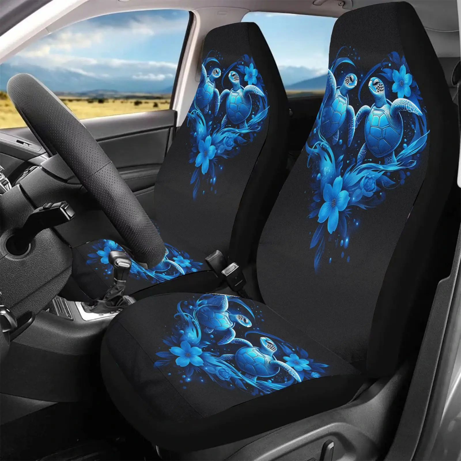 Car Seat Covers Black Blue Floral And Turtle Design | Non- Polyester Fabric, Universal Fit For Car Interior Protection