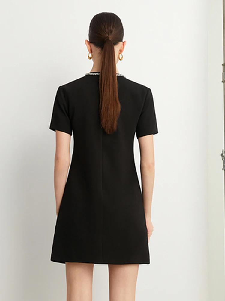 TWOTWINSTYLE Spliced Zipper Elegant Dresses For Women Round Neck Short Sleeve High Waist Solid Patchwork Diamonds Dress Female