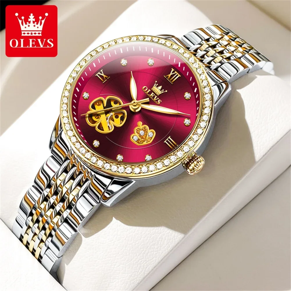 OLEVS Diamond Hollow Automatic Watch Women Luxury Fashion Stainless Steel Waterproof Mechanical Wristwatch Relógio Feminino