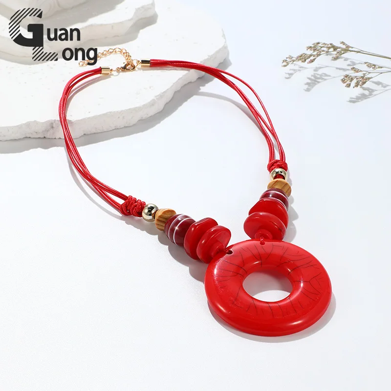 GuanLong New Vintage Long Simple Resin Necklaces for Women Rope Chain Round Big Pendant Necklace Bohemian Boho Accessories Gifts