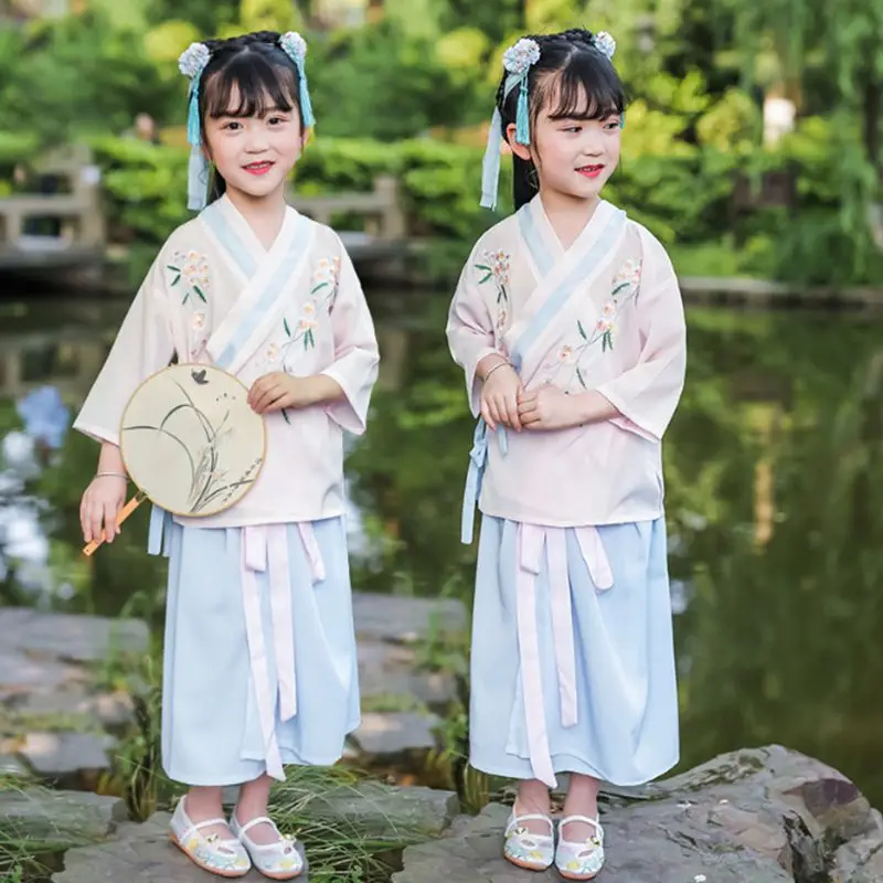 

2Pcs Chinese Traditional Dress for Girls Hanfu New Year Clothing Chiffon Costumes Tang Dynasty Suit