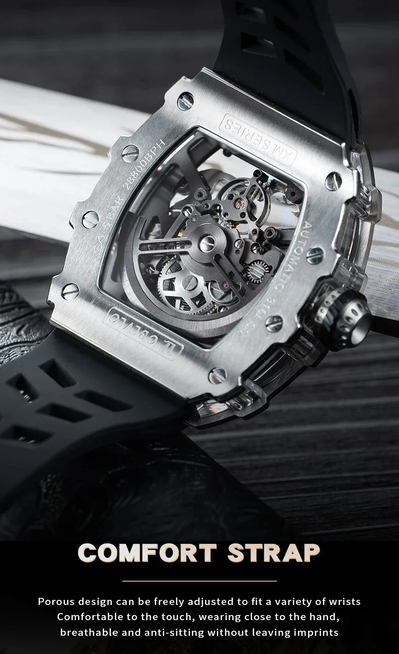 OBLVLO Men Automatic Watch 50.8mm*42mm Mechanical Tonneau Case Wristwatch Skeleton Dragon Dial 50M Waterproof Sapphire Luminous