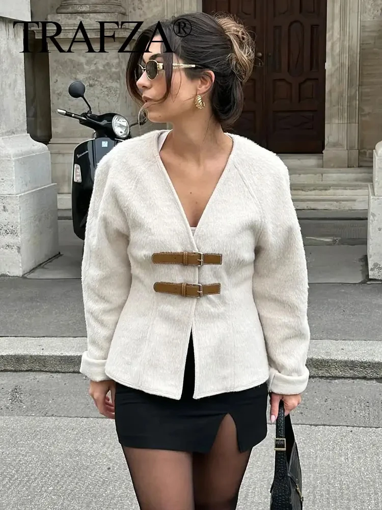 TRAFZA Women Elegant V Neck Blend Coats Fashion Leather Buckle Long Sleeve Beige Jackets Female Autumn Vintage Slim Outerwear