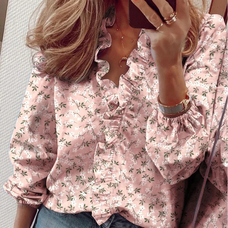 New Loose Autumn Chiffon Ruffles Women Shirt Floral Long Sleeve Women\'s Blouses Loose Tops Female White Clothing Blusas 18246