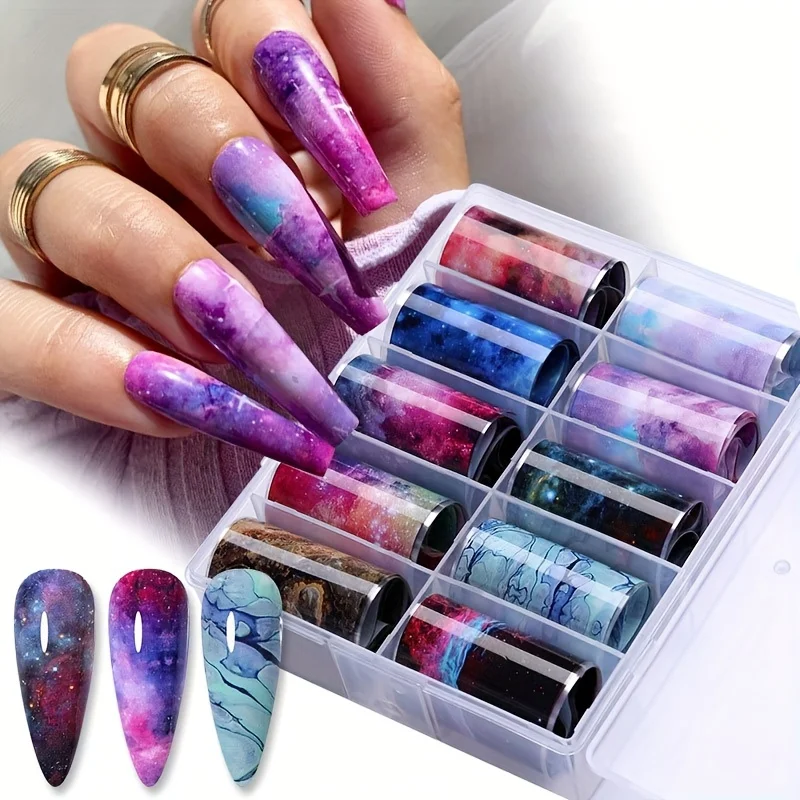 10Pcs Boxed Nail Art Marble Pattern Starry Sky Paper Leopard Print Colorful Laser Starry Sky Paper Black and White Checkered Snake Pattern Art Nail Foil Transfer Stickers
