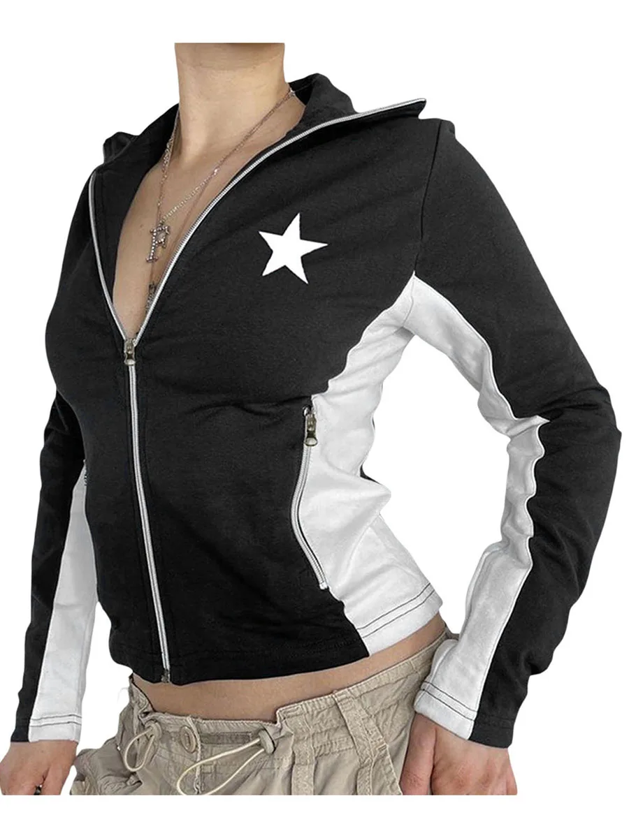 Women s Fashion Racer Coat American Five Pointed Star Print Contrast Color Lapel Zipper Motorcycle Sports Jacket