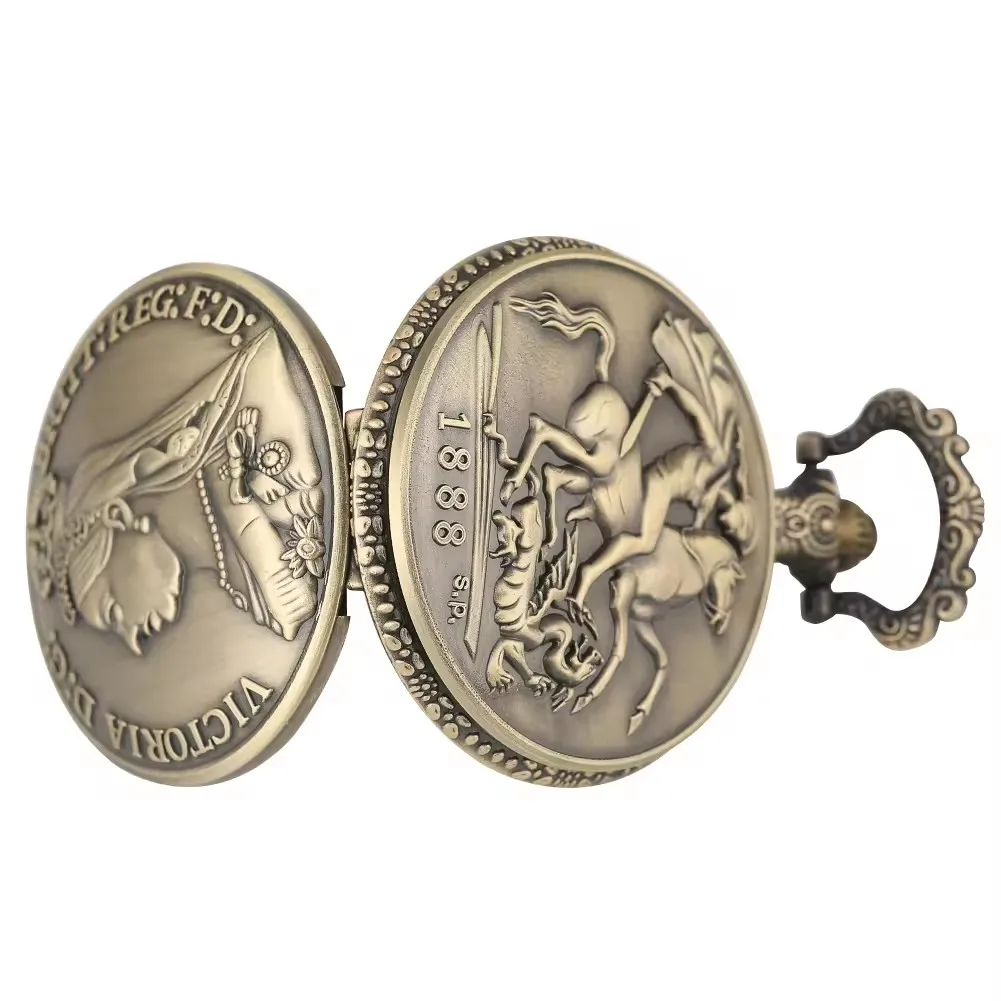 Souvenir Retro Bronze Queen Victoria Necklace Pendant Watch Vintage Quartz Pocket Clock With Chain For Gift